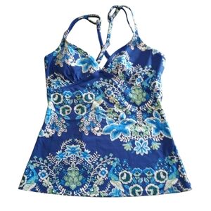Garnet Hill Blue Peacock Tankini Top Size 8